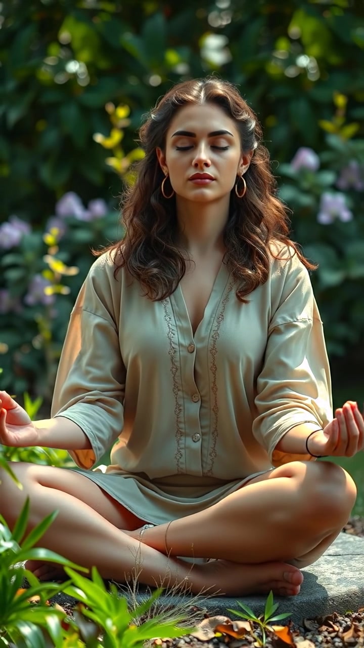 A photographic image of a serene Maya meditating peacefully in a lush garden, with gentle sunlight filtering through leafy trees and soft shadows dancing around. Use natural lighting, high detail, smooth camera movement, and a tranquil ambiance. The background features gentle sounds of nature, like rustling leaves and distant bird calls.