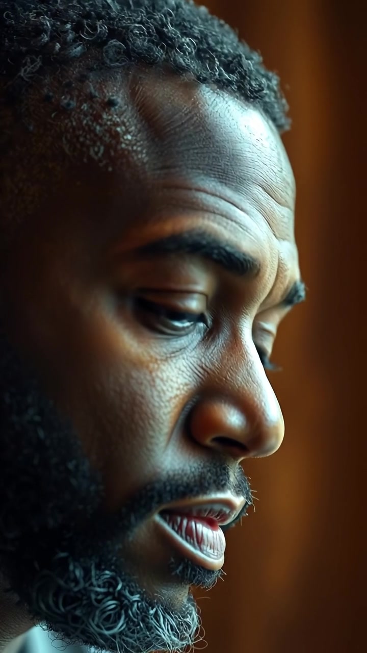 A close-up of Kwame's contemplative expression in a photographic style, emphasizing detailed facial features and subtle emotions, captured with natural soft lighting, smooth camera focus, and gentle background blur. The scene exudes introspective mood with warm tones. The audio features calm ambient music.