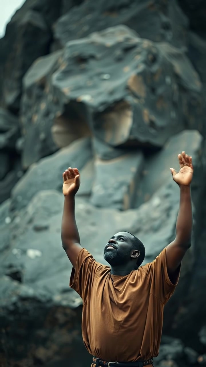 A photorealistic image of Kwame standing triumphantly in front of a large, rugged rock formation, raising his arms upward in a victorious gesture under natural sunlight. The scene features high detail, a smooth camera sweep, and ambient outdoor light. The background audio features subtle wind sounds.