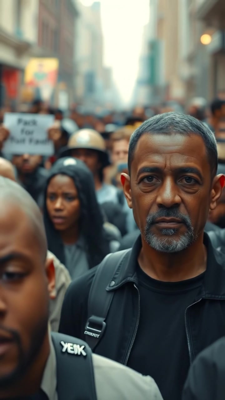 Photorealistic image of Kwame standing calmly at the center of a panicking crowd, his posture relaxed and unfazed amid the chaos. Natural lighting, high detail, smooth camera dolly shot capturing the tense atmosphere with soft shadows. The background features an urban environment with distant sirens, and the audio features distant sirens and murmurs of the crowd.