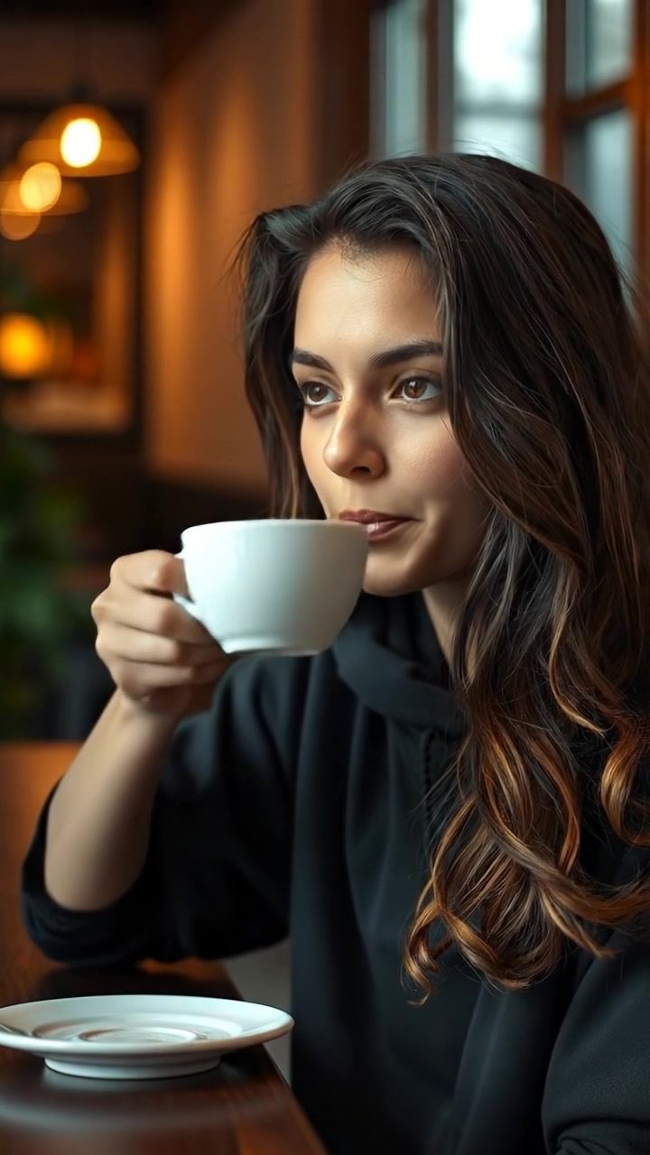 A close-up of Maya, contemplative, seated in a cozy cafe holding a coffee cup, illuminated by warm natural light, high detail, smooth camera motion, capturing soft shadows and inviting ambiance. The background features muted cafe decor. The audio features gentle cafe chatter and ambient sounds.