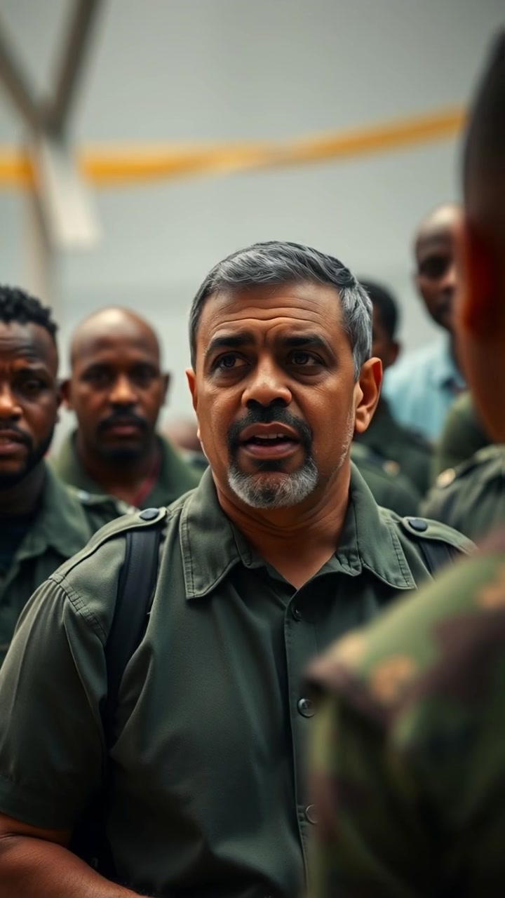 A photograph of Kwame standing sternly in front of a group of recruits, delivering an intense speech. The scene features natural lighting, high detail, and a smooth camera dolly shot. The background shows a military training ground under an overcast sky. The audio features distant military commands.