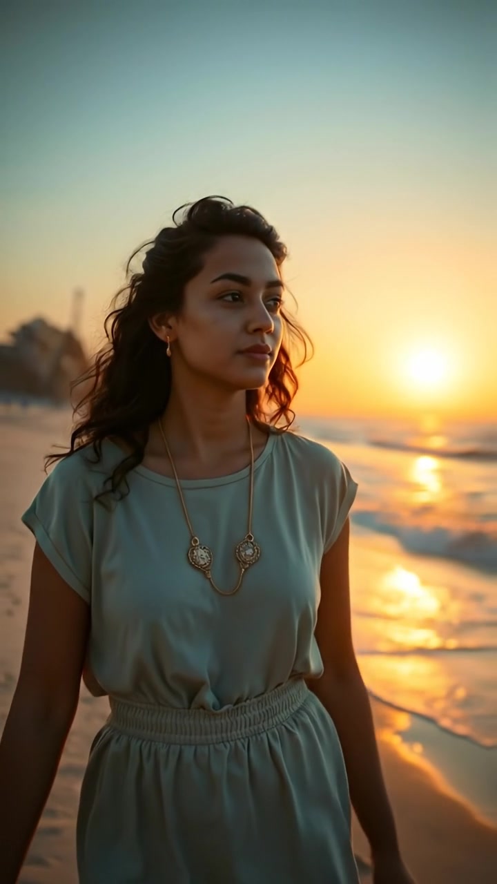 Photorealistic image of Maya walking along a serene beach at sunset, with warm golden hues illuminating the tranquil scene and soft shadows cast by the setting sun, capturing gentle waves lapping the shore. The scene features natural lighting, high detail, smooth camera movement, with the background accompanied by soothing ocean sounds.