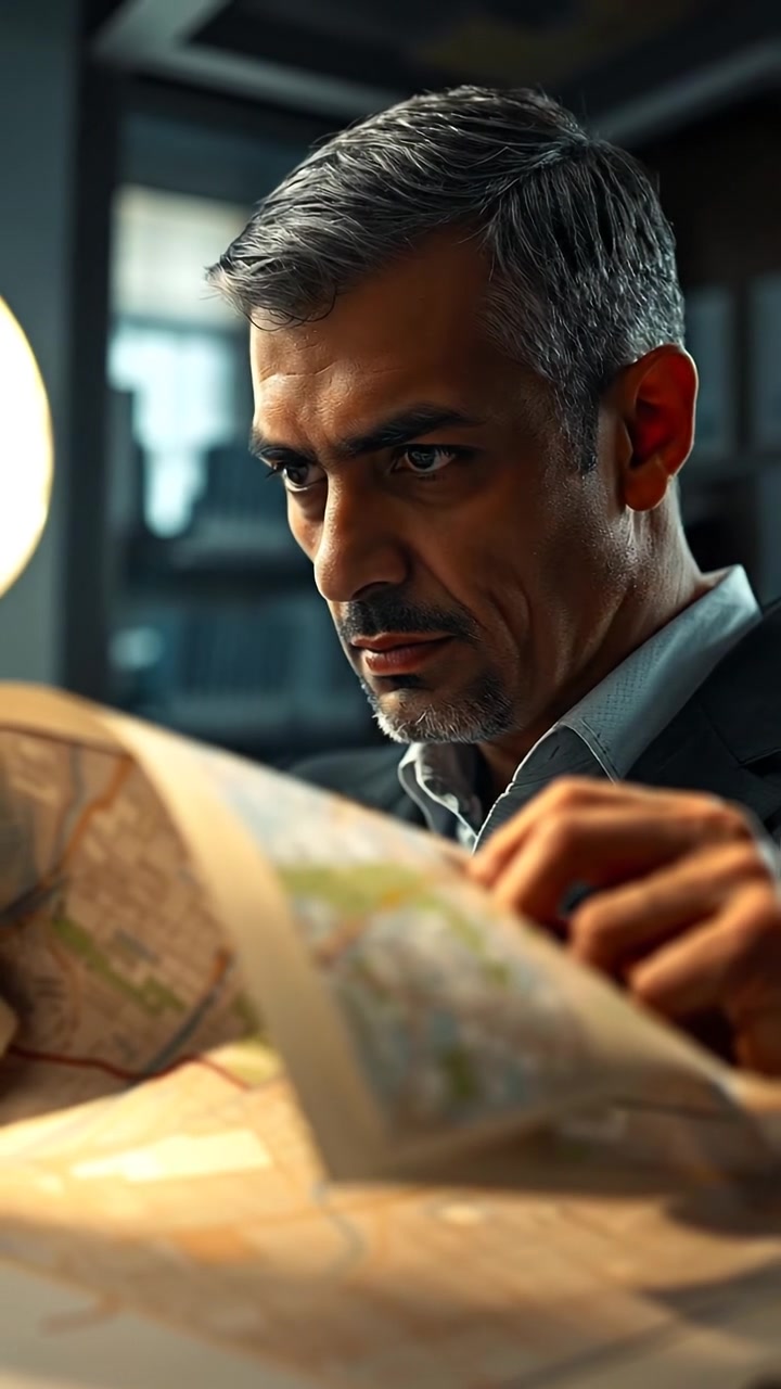 A photorealistic image of Omar in a dimly lit office, examining a city map with a stern expression, illuminated by warm, soft lighting that emphasizes shadows and detail, with sleek modern furniture and a contemplative atmosphere. The background features a softly glowing desk lamp, and the scene is captured with smooth cinematic camera motion. The audio features quiet ambient office sounds.