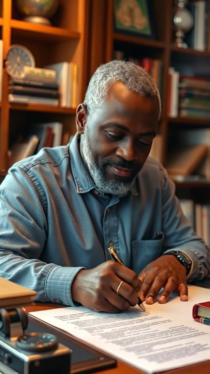 A photorealistic image of Kwame sitting at a wooden desk in a cozy study, writing with a pen on paper under warm, natural lighting. The scene features soft shadows, detailed textures of the study's decor, and a calm ambiance. The background audio features gentle pen scratching sounds and quiet indoor ambiance.