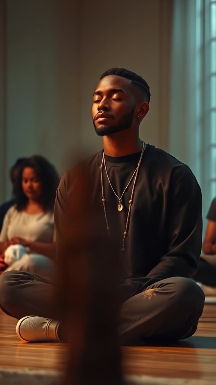 Photorealistic image of Isaiah sitting cross-legged in meditation, surrounded by soft natural lighting, high detail, with a serene expression, in a tranquil outdoor setting with gentle foliage. The scene features smooth camera movement capturing the peaceful ambiance. The audio features gentle wind and ambient nature sounds.