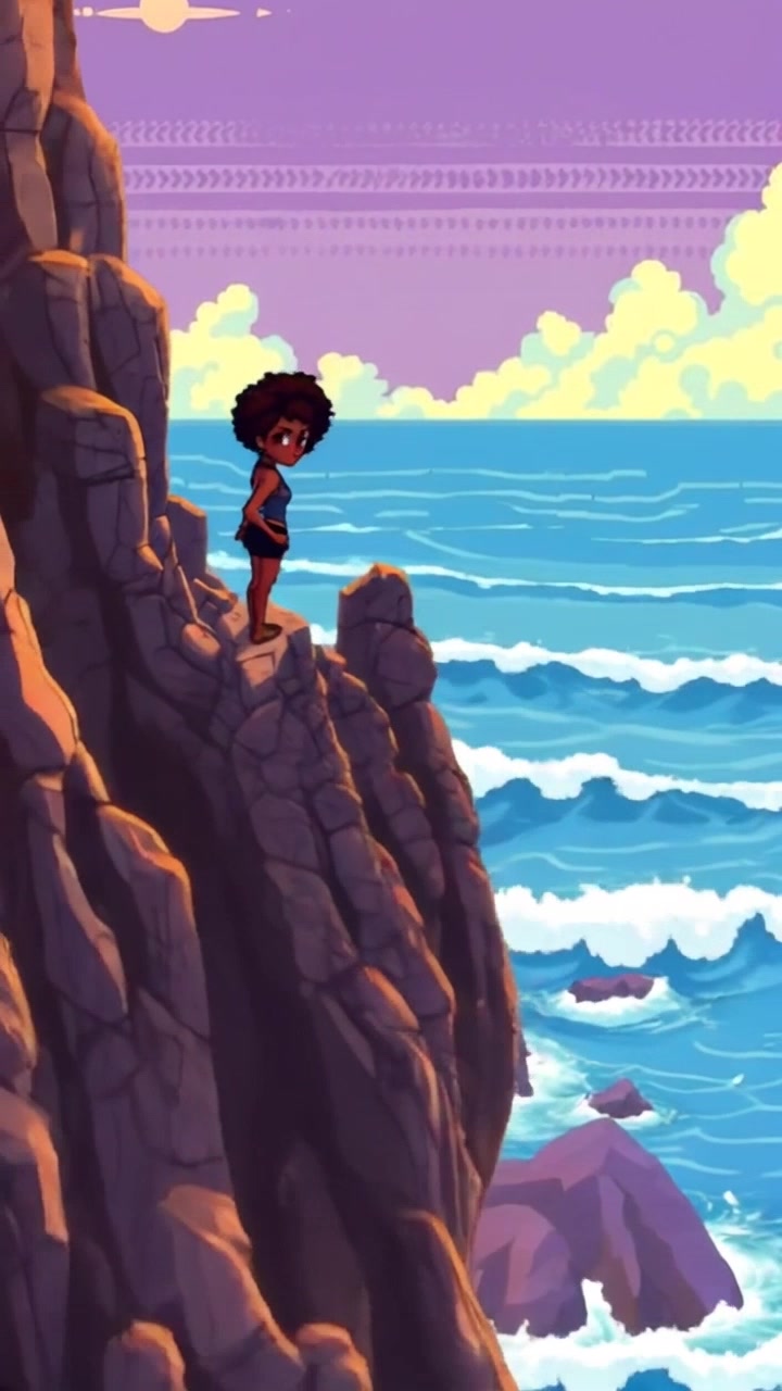 Subject: Nia standing confidently on a rocky cliff. Scene: Nia is gazing out at a vast ocean, with waves crashing violently against the rocks below. Motion: The camera starts with a close-up of Nia's determined expression, then pulls back dramatically, revealing the breathtaking expanse of the ocean and the rugged cliffside. Lighting: Bright sunlight illuminating the scene, creating sparkling reflections on the water. Atmosphere: Invigorating and courageous.