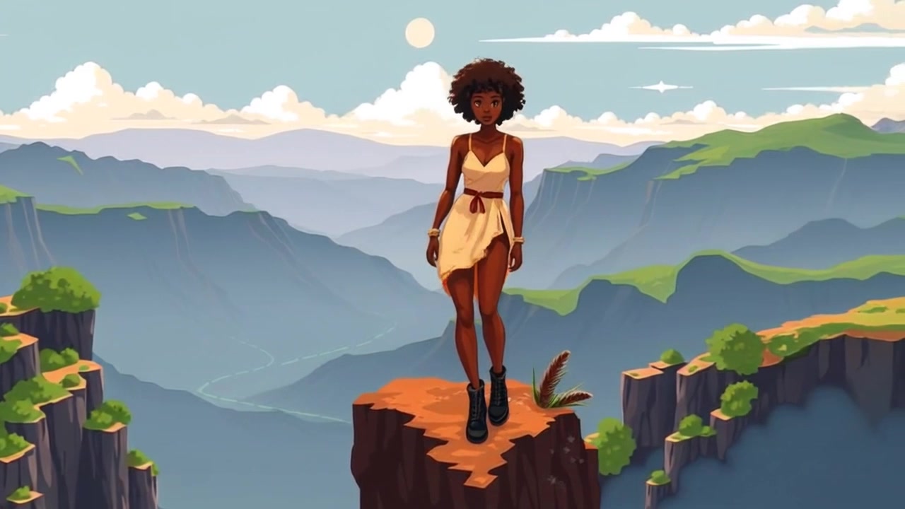 Subject: A woman standing confidently at the edge of a cliff. Subject movement: She takes a moment to breathe deeply, her hair fluttering in the wind as she gazes out over a vast valley below. Scene: The dramatic cliffside overlooks a sprawling valley with rugged terrain and distant mountains. Lighting: Bright, natural sunlight enriches the scenery, casting dynamic shadows. Motion: The camera slowly pans around her, revealing the majestic landscape and emphasizing her strength and connection to nature.