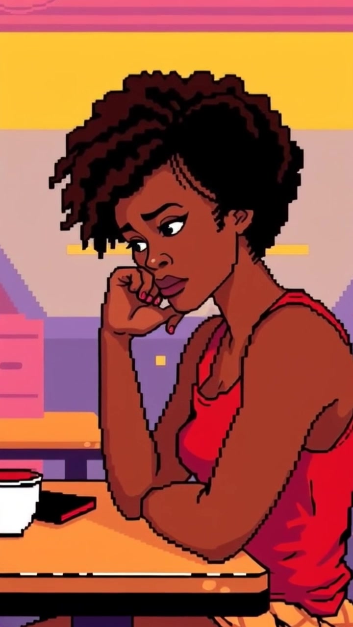 Subject: A person sitting at a table, lost in thought, with a distant gaze as memories surface. Scene: Intimate cafe setting with softly blurred background, warm wooden furnishings and soft ambient lighting. Motion: Camera slowly pushes in for a close-up, capturing the subtle expressions and reflections on their face, as gentle light plays across the surface of the table.