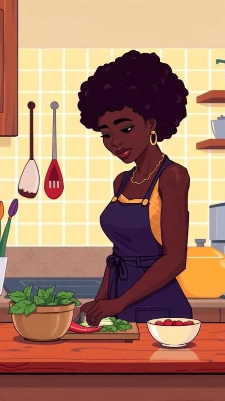 Scene: A warm and inviting kitchen where Ibu is skillfully preparing food on a wooden countertop, surrounded by fresh ingredients and colorful utensils. Style: Morning light streaming through the window, casting soft shadows across the countertop. Motion: The camera moves in smoothly, capturing the focused movements of Ibu as she chops vegetables and stirs a pot, creating an intimate, homey atmosphere.