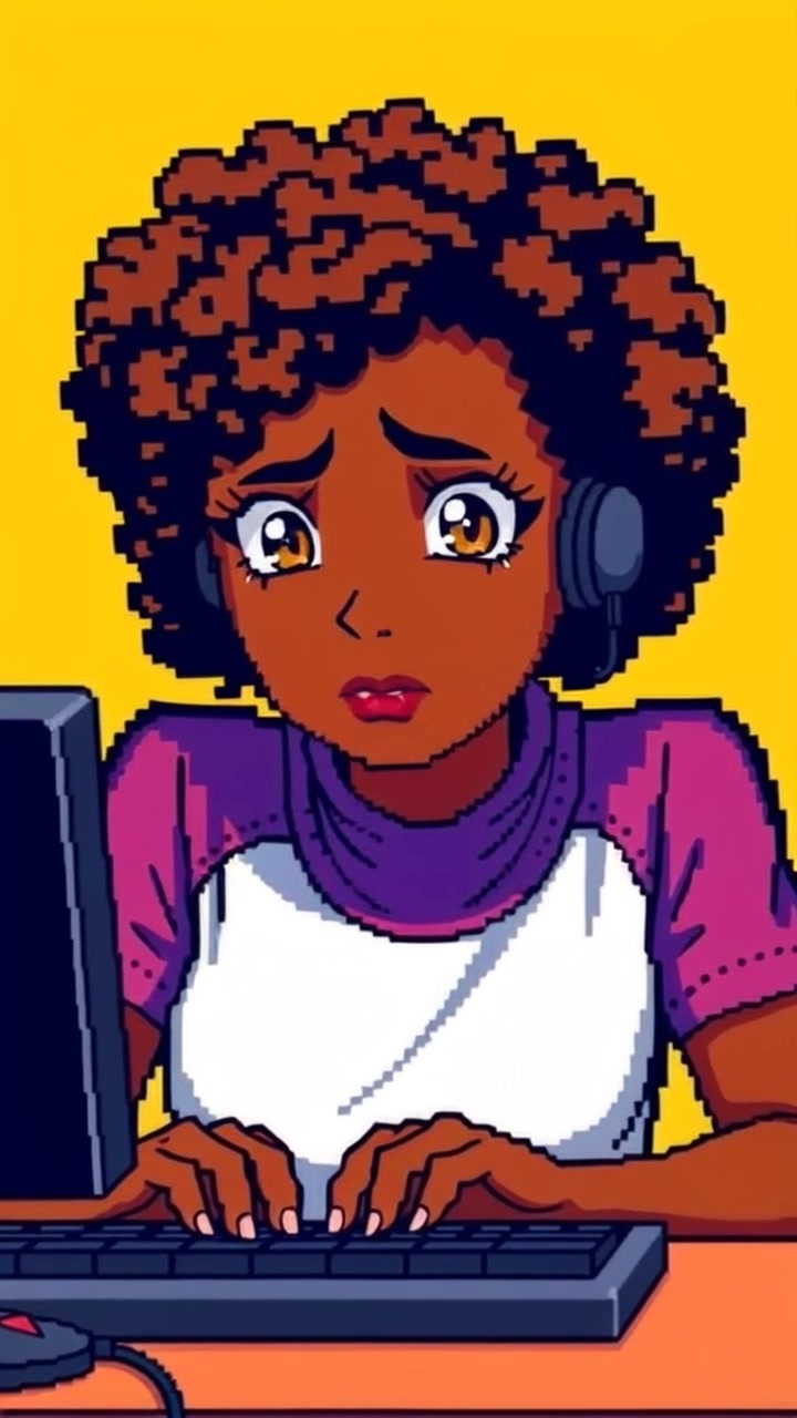 Subject: A young woman with a worried expression. Subject movement: She glances nervously at her computer screen, her hands poised over the keyboard as if contemplating her next move. Scene: An intimate, softly lit home office filled with books and personal mementos that add warmth to the environment. Style: Warm, ambient light illuminating the scene with soft shadows. Motion: The camera slowly pushes in to capture her anxious demeanor, gradually revealing the computer screen that holds her focus.