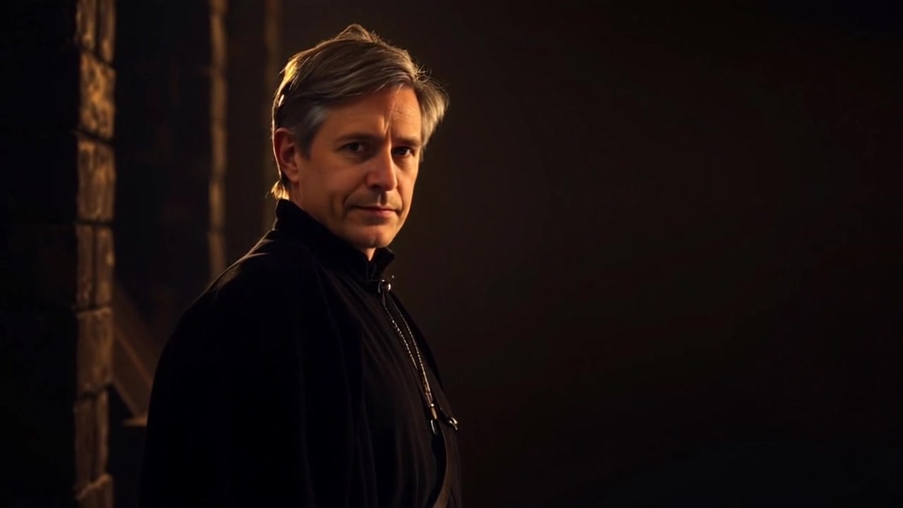 Scene: Mark stands in a dimly lit room, facing a dark, shadowy corner with a serious expression. Style: Low, moody lighting creates an atmosphere of tension and unease. Motion: The camera slowly pushes in towards Mark, heightening the suspense as shadows shift and flicker around him.