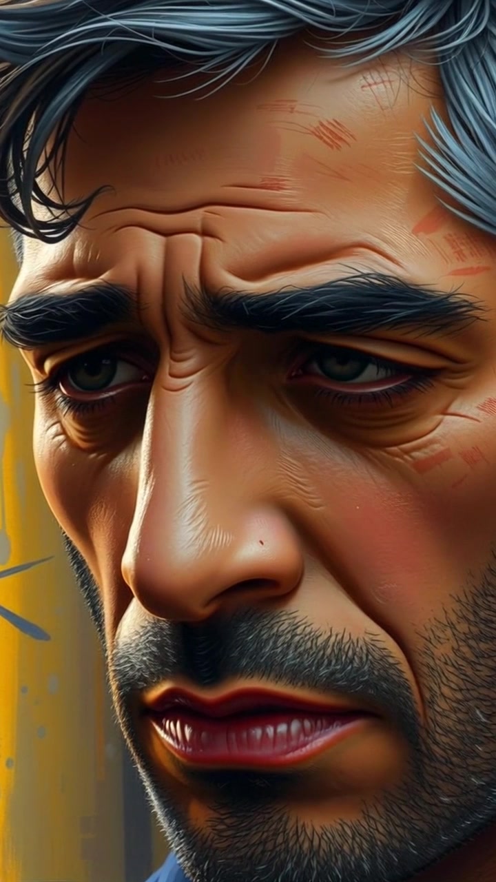Subject: A close-up of a person's face expressing pain and sorrow. Scene: The individual appears teary-eyed, set against a blurred, dimly lit background that enhances their emotional state. Style: Soft, diffused lighting accentuates the contours of their face, creating a poignant atmosphere. Motion: The camera slowly pushes in closer to capture the intensity of their expression, holding steady as the emotions resonate, drawing viewers into the scene.