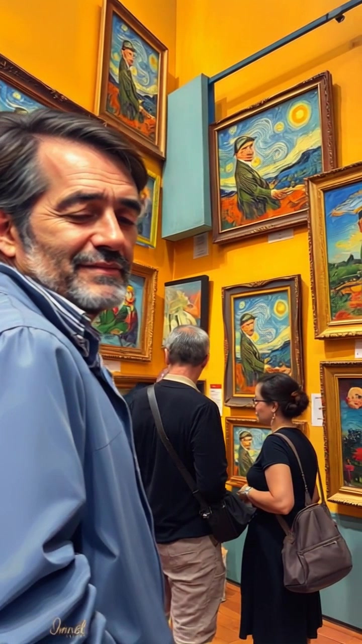 Scene: A vibrant art gallery showcasing a montage of Van Gogh's famous paintings, with visitors observing and engaging with the artwork. Style: Bright, warm lighting illuminating the colorful canvases, creating an inviting atmosphere. Motion: The camera glides smoothly through the gallery, capturing visitors' reactions as they stroll leisurely past the paintings, pausing to admire the brushwork and colors.