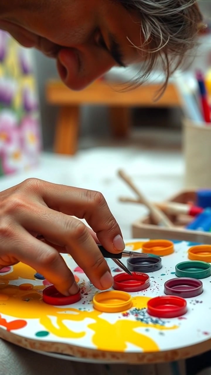 Scene: A close-up of hands skillfully mixing vibrant paints on a palette, surrounded by an array of colorful art supplies scattered across a wooden table. Style: Bright, natural lighting illuminating the rich pigments, creating an inviting and creative atmosphere. Motion: Camera glides smoothly over the palette, capturing the blending colors in detail as the hands move rhythmically to create the perfect mixture.