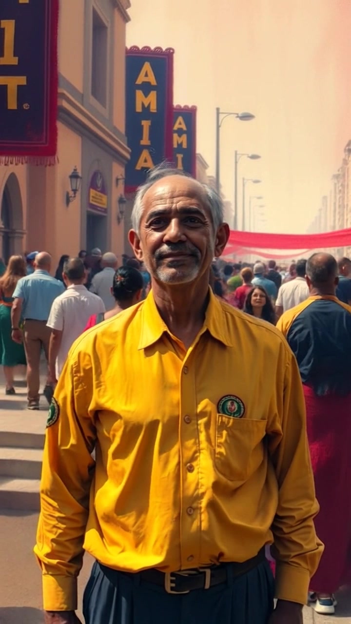 Subject: A person stands confidently in the center of a lively crowd, arms relaxed at their sides. Scene: Busy urban plaza filled with diverse individuals engaged in conversation, colorful banners fluttering in the breeze. Lighting: Soft evening light creates a warm, inviting atmosphere as the sun begins to set. Motion: Camera performs a smooth, dynamic dolly in towards the central figure, capturing the pulsating energy of the crowd while maintaining focus on their calm demeanor.