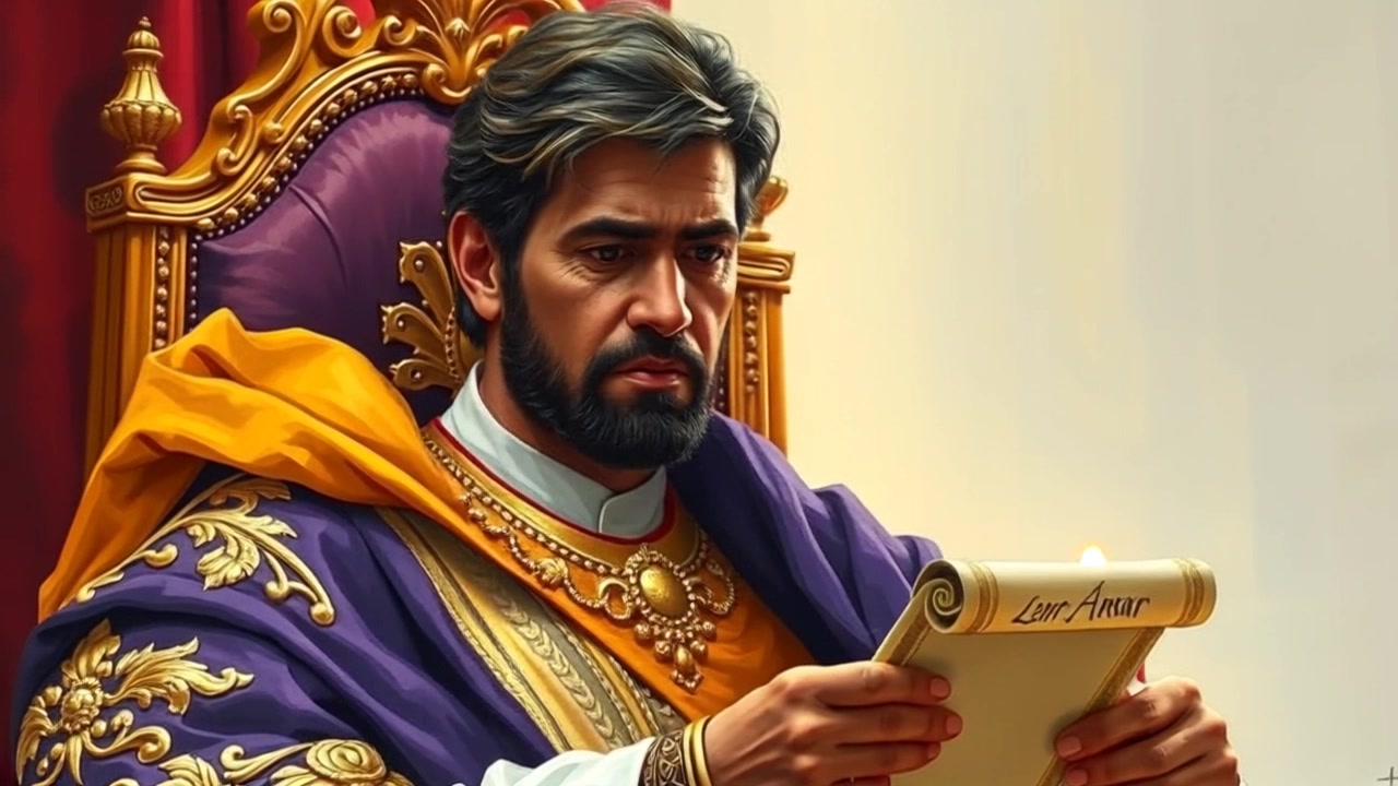 Subject: A king seated on a grand throne in a royal chamber. Subject movement: The king shifts his gaze expressively as he unrolls a scroll, conveying concern. Scene: Elegant royal chamber with opulent decor, rich tapestries, and flickering candlelight. Style: Warm, ambient light creates a regal atmosphere, highlighting the luxurious details of the surroundings. Motion: The camera slowly pushes in from an angle, revealing the intricate craftsmanship of the throne and the tension in the king's expression.