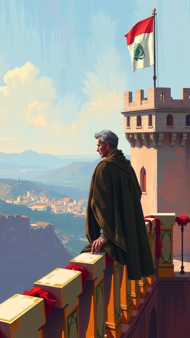 Subject: A figure on a castle balcony. Subject movement: The figure stands still, gazing somberly at the horizon as the wind gently tousles their hair. Scene: An ancient stone castle balcony overlooking a vast landscape at dusk, where the sky is painted in shades of purple and orange. Style: Soft, ambient lighting with a melancholic atmosphere. Motion: The camera slowly pushes in, capturing the figure’s contemplation while revealing the expansive horizon bathed in twilight.