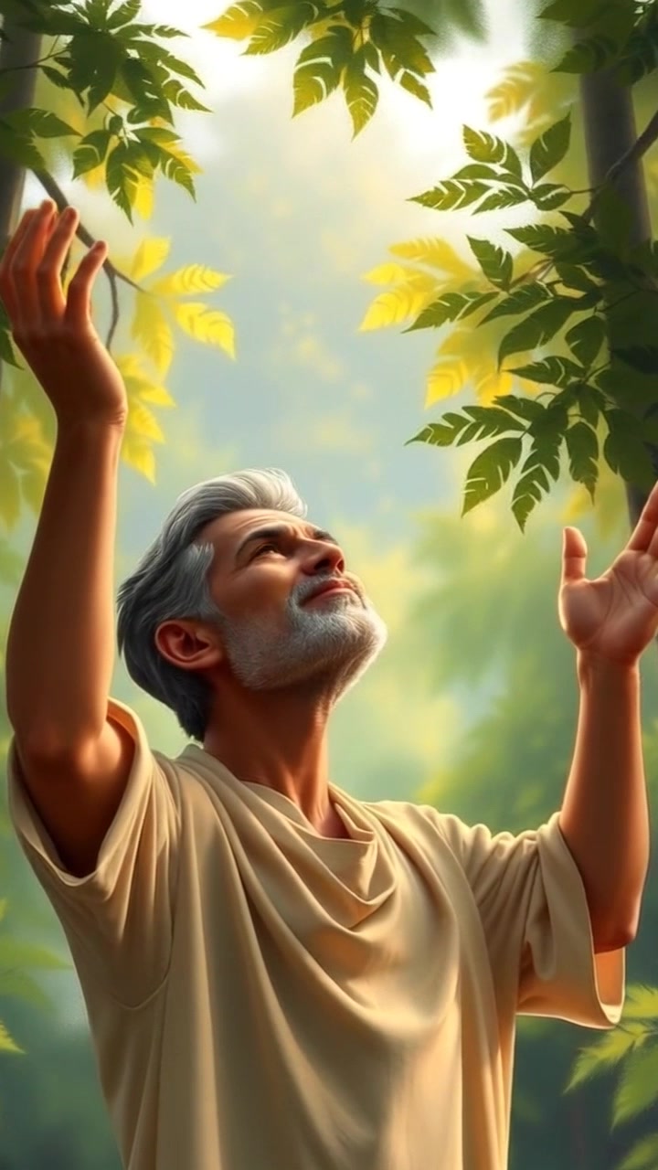 Subject: A person praying earnestly in a serene forest, hands raised towards the sky. Subject movement: The individual remains still, embodying a moment of deep reflection. Scene: A lush, green forest enveloped in tranquility, sunlight filtering through the canopy above. Lighting: Soft, dappled sunlight creates a warm and inviting atmosphere. Motion: The camera gently pushes in closer, capturing the person in prayer with a slight tilt upward to emphasize the connection to the sky.