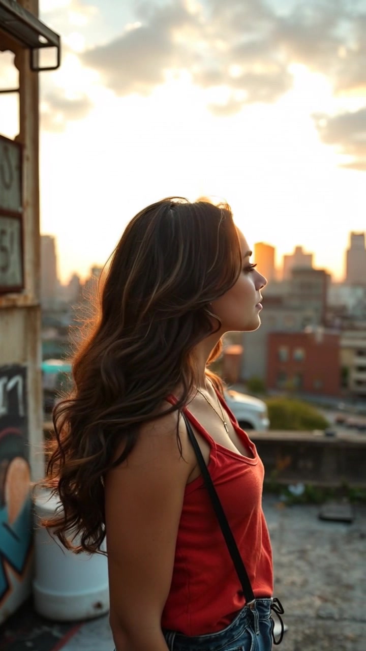 Subject: A person gazing out at the city skyline. Subject movement: The person stands still, absorbed in the view. Scene: Rooftop overlooking a vibrant city skyline at sunset, with warm hues painting the sky. Style: Soft, golden-hour lighting casting an inviting glow over the scene, enhancing the silhouettes of the buildings. Motion: Camera slowly pushes in to frame the person against the expansive skyline, capturing the interplay of light and shadow as evening approaches.