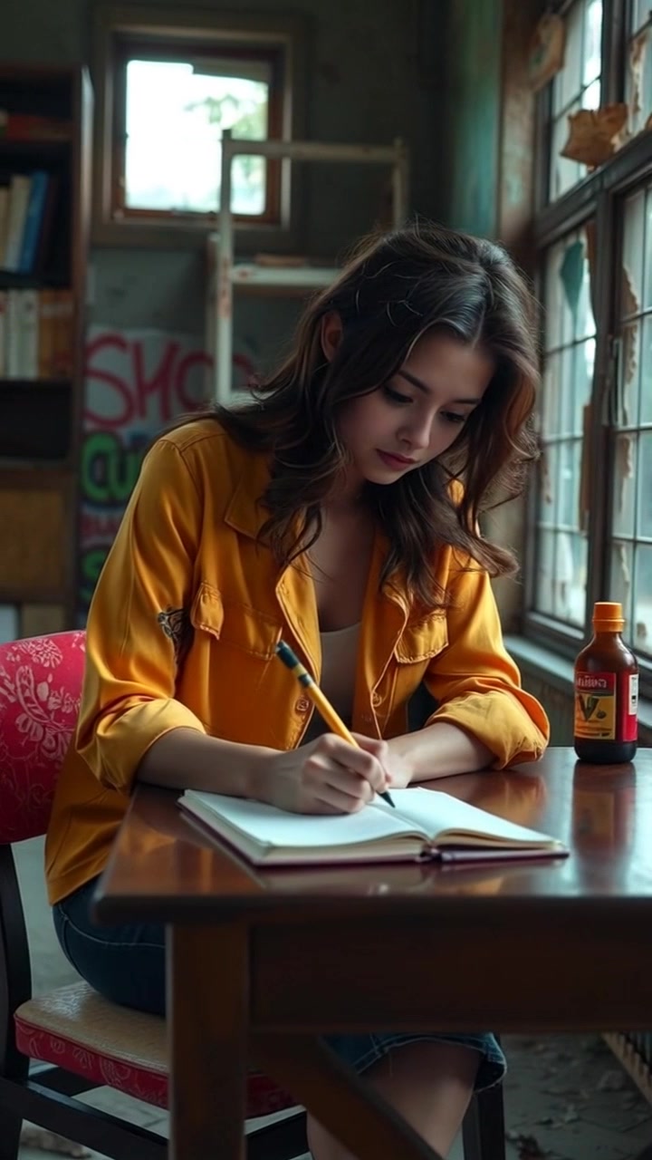 Subject: A focused Maya at her desk, immersed in writing. Subject movement: She pauses to think for a moment, then resumes writing with deliberate strokes of her pencil on the notebook. Scene: Cozy study room filled with books and warm light filtering through a window, creating a serene atmosphere. Style: Soft, ambient lighting that enhances the inviting feel of the space. Motion: The camera slowly zooms in on her notebook, capturing the intricate details of her handwriting as the surroundings blur gently in the background.