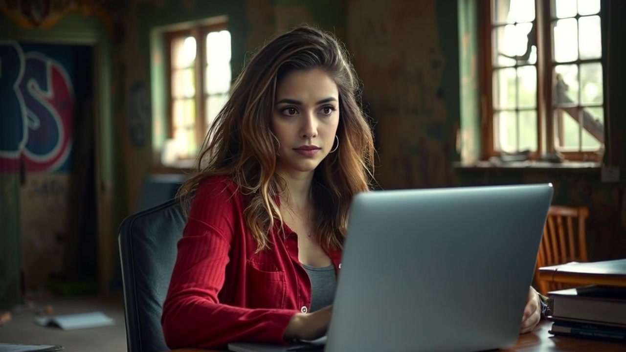 Subject: A young woman named Maya sits at her desk, her laptop open in front of her, a serious expression on her face as she contemplates her next move. Scene: A well-lit home office, scattered with books and stationery, exuding a studious vibe. Motion: The camera gently pushes in, capturing the intensity of her focused gaze while the ambient morning light casts soft shadows across her workspace, creating a warm and inviting atmosphere.