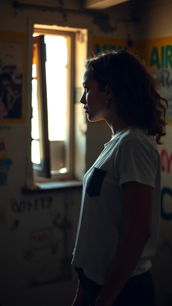 Subject: Maya standing in a softly lit room, gazing curiously at a bright light in the corner. Scene: An intimate, warmly-lit interior space with soft shadows casting over the walls. Motion: The camera gently pushes in towards Maya's face, capturing her puzzled expression as she contemplates the light, while maintaining a fluid, cinematic feel. Lighting: Soft ambient light bathing the room, creating a warm and inviting atmosphere.