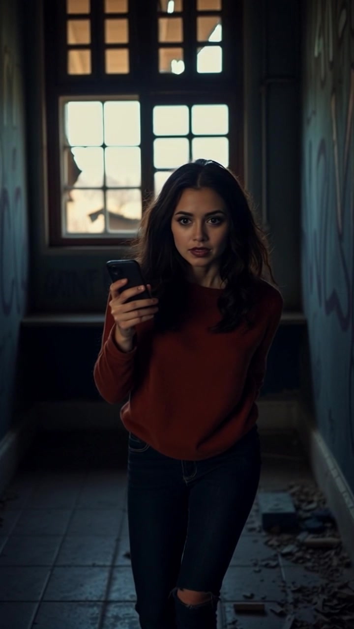 Subject: A woman standing in a dimly lit room, visibly panicked, holding a phone tightly in her hand. Subject movement: She shifts her weight anxiously from one foot to the other while glancing around. Scene: Dark, shadowy interior of a room with dim lighting that casts unsettling shadows on the walls. Style: Cool, moody lighting creating a tense atmosphere. Motion: The camera slowly pushes in on her face, capturing the intensity of her emotion as the light flickers ominously around her.