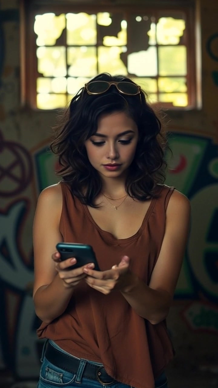 Subject: A young woman with a worried expression, holding her phone closely. Subject movement: She glances around nervously, her eyebrows furrowing deeper with each passing second. Scene: A cozy café environment, filled with patrons and soft background chatter. Style: Warm, inviting lighting juxtaposed with the woman's anxious demeanor. Motion: The camera gently pushes in towards her face, capturing the tension in her expression as she anxiously scrolls through her phone, the surrounding café blurring slightly as she fidgets.