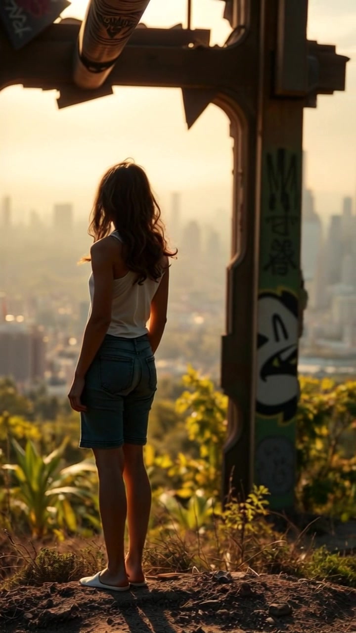 Subject: A figure representing the Maya civilization, standing on a hilltop. Subject movement: The Maya figure gazes thoughtfully at the city skyline in the distance, their posture strong yet serene. Scene: A breathtaking view from a hilltop overlooking a modern city skyline intermingled with lush greenery in the foreground. Style: Warm sunset lighting casts golden hues over the scene, creating a contrast between the natural terrain and the urban landscape. Motion: Camera pans slowly from the Maya figure to the skyline, capturing the vastness of both the natural and manmade world.