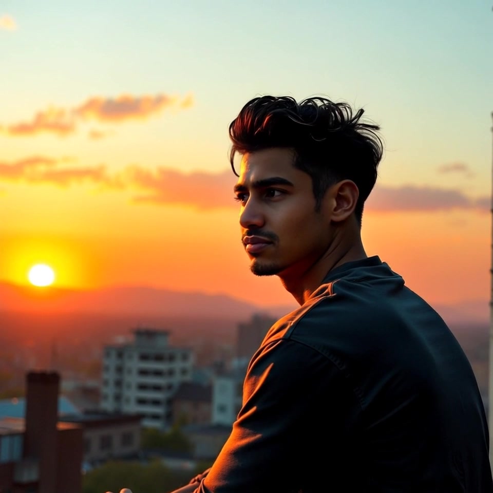 Subject: A man sitting on a rooftop. Subject movement: He turns slightly to his right, a determined expression on his face as he gazes thoughtfully over the town below. Scene: Rooftop at sunset, with warm orange and pink hues painting the sky, and the outlines of the town in soft silhouette. Camera: A slow push-in from an elevated perspective, gradually revealing more of the rooftop setting and the expansive view. Lighting: Scenic sunset light bathing the scene in rich tones, enhancing the mood of contemplation.