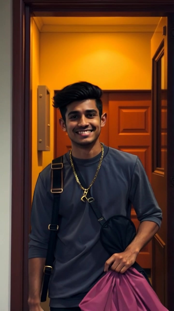 Subject: A person with a big smile. Subject movement: The person steps joyfully into a simple home, carrying a bag. Scene: The interior of a cozy, unadorned home with welcoming elements. Style: Soft, ambient lighting that creates a warm and inviting atmosphere. Motion: The camera pushes in smoothly to capture the individual's cheerful expression as they enter, highlighting the charm of the home.