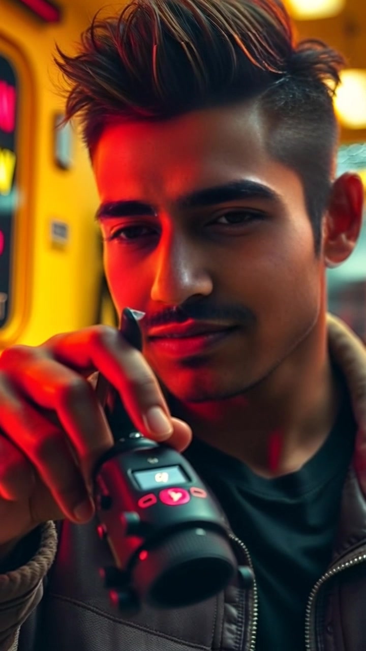 Subject: Arjun with a serene expression. Subject movement: Arjun presses a button on the remote slowly, revealing a calm demeanor. Scene: A cozy living room setting, softly lit by warm ambient light that creates a welcoming atmosphere. Motion: The camera slowly zooms in on Arjun’s hand and the remote, capturing the subtle movements, before gently pulling back to frame him in the serene environment.