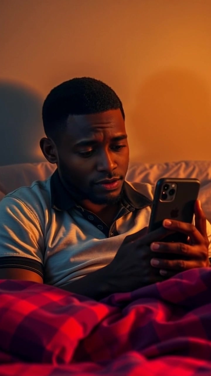 Subject: A young man sitting upright in bed, looking confused and worried while holding his phone. Scene: Cozy bedroom with soft, warm lighting illuminated by a bedside lamp, a quilt draped over the bed, and a dimly lit wall behind him. Motion: The camera subtly pushes in to capture his expression clearly, creating an intimate atmosphere that emphasizes his emotions.