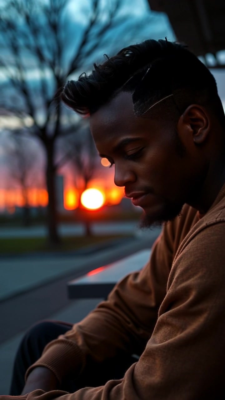 Scene: A solitary figure sitting on a park bench, gazing downcast as the sun sets behind them, casting warm hues across the sky. Style: The soft glow of sunset light envelops the scene, creating a reflective and melancholic atmosphere. Motion: The camera begins with a steady close-up of the individual, slowly pulling back to reveal the serene park setting, the vibrant colors of the sky framing the mood.