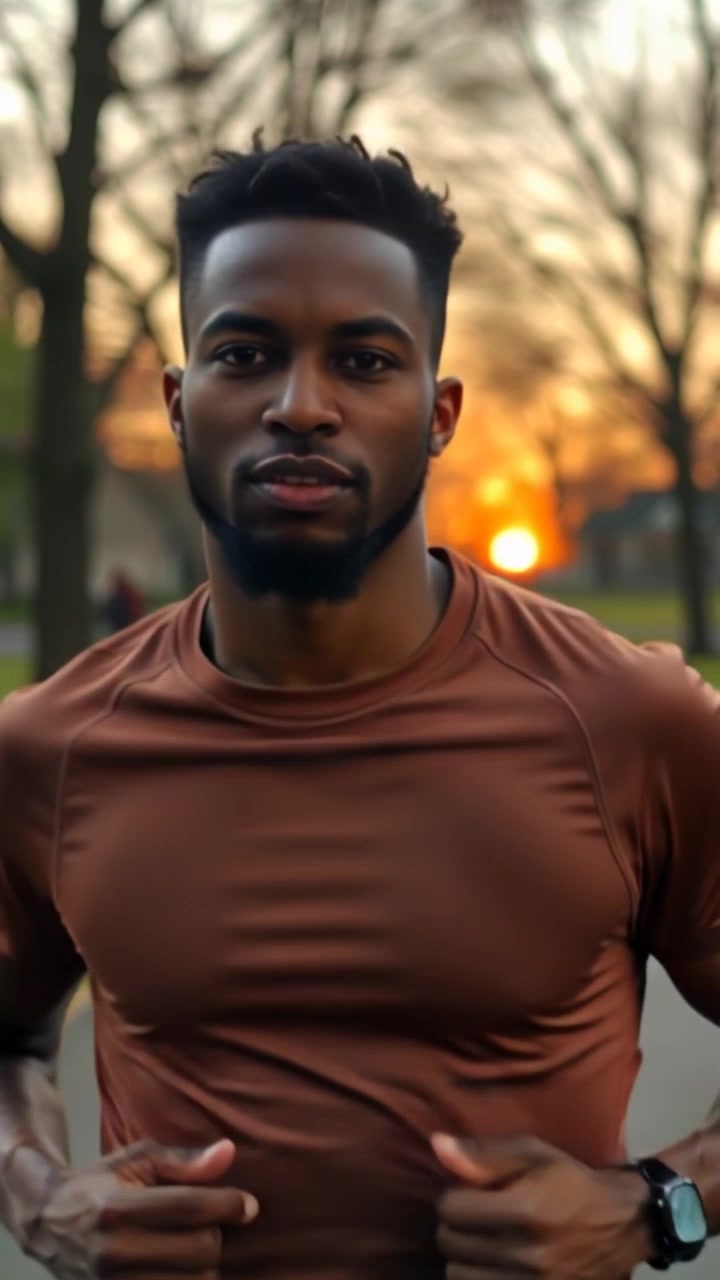 Subject: A determined jogger running through a park. Subject movement: Isaiah jogs steadily, legs pumping and arms swinging as he maintains a brisk pace. Scene: A serene park setting bathed in the soft light of early morning, surrounded by lush greenery and distant trees. Style: Morning light filtering through the leaves, casting a gentle glow on the path. Motion: Camera follows closely, tracking the jogger's movement with a smooth, handheld effect that captures the rhythm of his run.