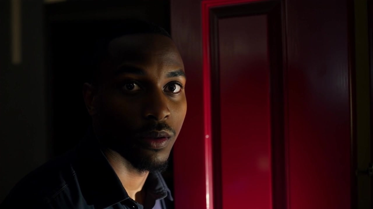 Subject: A person in mid-motion, opening a door with a surprised expression. Scene: The interior of a dimly lit room, shadows obscuring the view outside the door. Style: Dramatic, low-key lighting creating an air of mystery as the light from the door contrasts sharply with the surrounding darkness. Motion: The camera captures a close-up of the person's face as they react, then smoothly pans to reveal the dark outside, enhancing the tension and suspense.