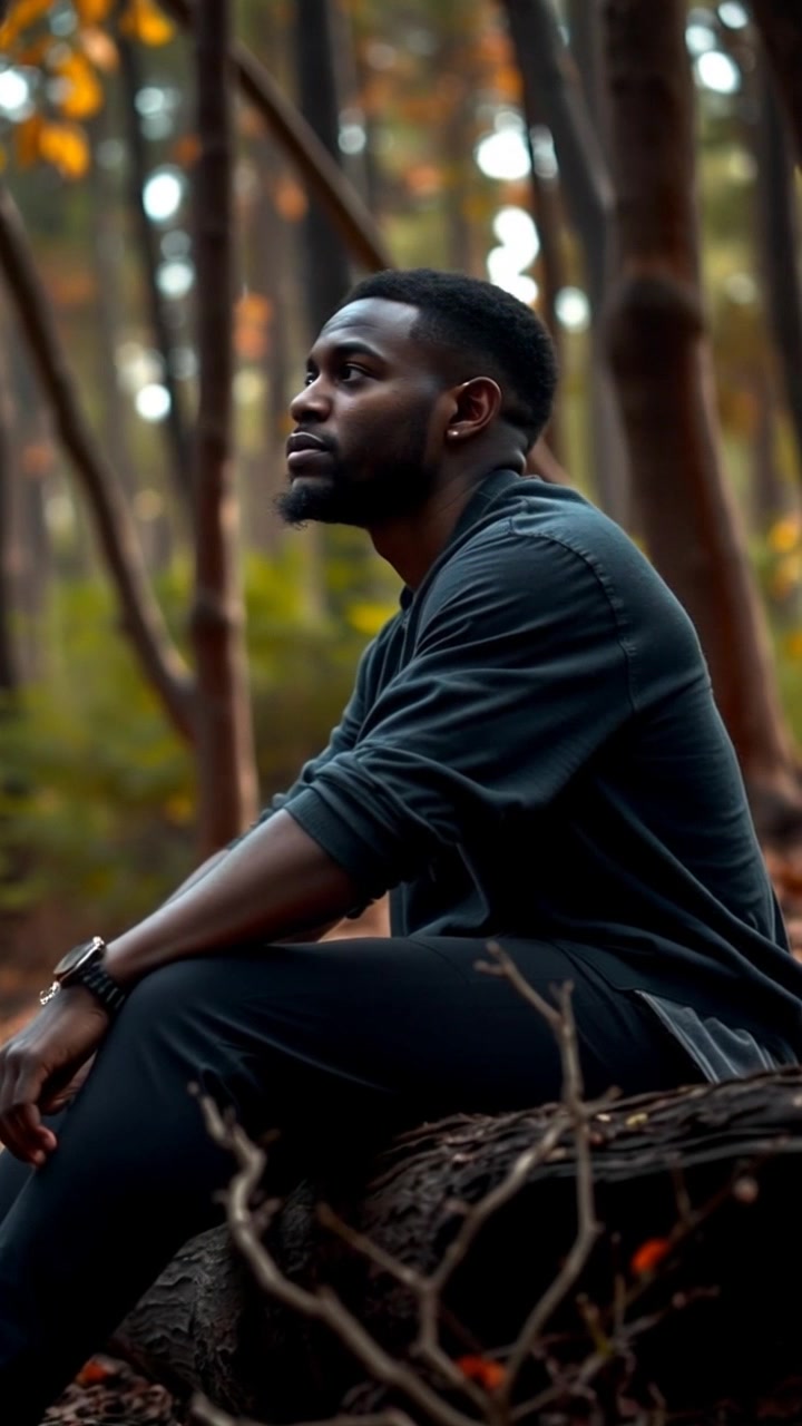 Subject: A person sitting on a log in a tranquil forest. Subject movement: The person shifts slightly, looking around with a contemplative expression. Scene: Lush green forest setting, sunlight filtering through the leaves, creating dappled shadows on the forest floor. Style: Gentle morning light illuminating the scene with a warm, inviting glow. Motion: The camera slowly pushes in while focusing on the individual, capturing their serene expression as they engage with the surrounding nature.
