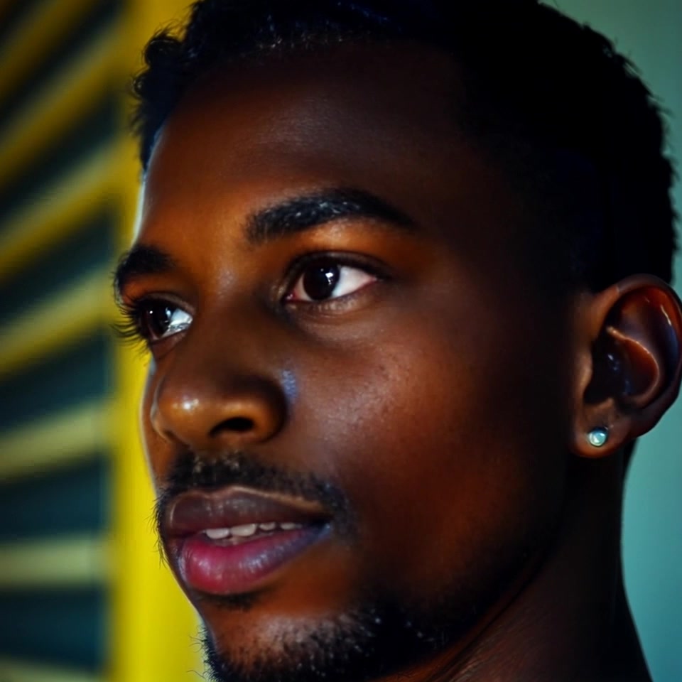 Subject: A contemplative face with deep, thoughtful eyes. Scene: Close-up of Isaiah's face, surrounded by soft, blurred background elements that highlight his expression. Lighting: Soft ambient light bathes the subject, creating a gentle and introspective atmosphere. Motion: The camera slowly zooms in, capturing the subtle changes in expression and emotion as the thoughts deepen.