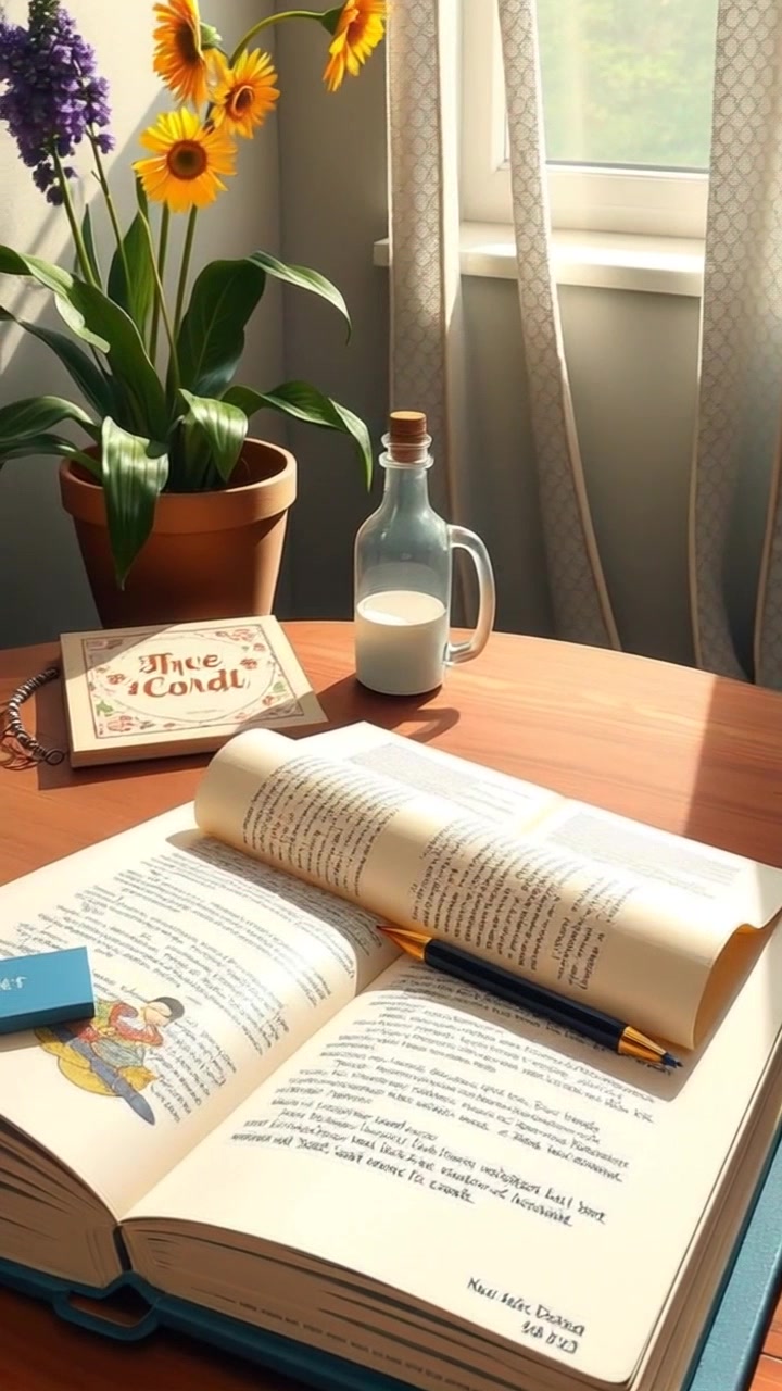 Scene: An open book displaying intricate art illustrations, resting on a wooden table with soft textures. Style: Soft ambient light filtering through a nearby window, creating gentle shadows that enhance the details of the artwork. Motion: The camera gently pushes in toward the illustrations, revealing the vibrant colors and fine details as the pages rustle slightly in the breeze, inviting viewers to explore the creativity within.