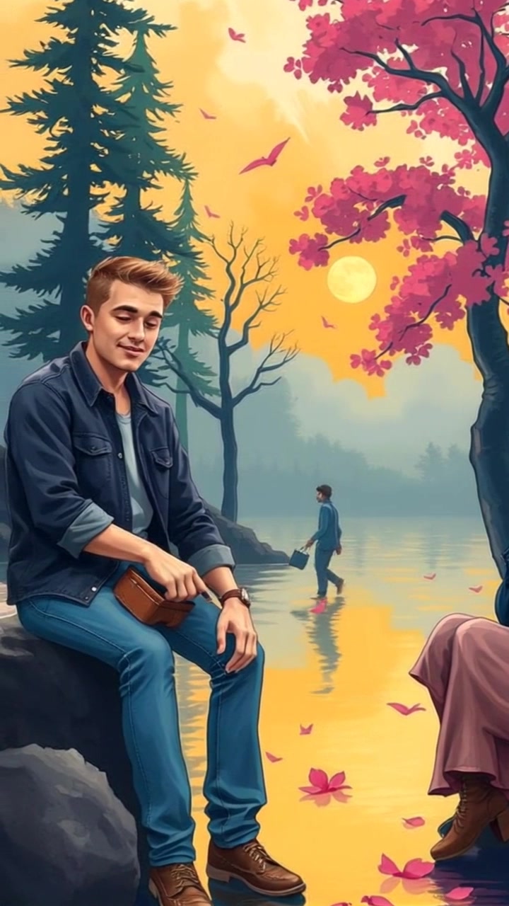 Scene: A timeline display illustrating significant life events leading up to a milestone painting at age 27, decorated with vivid visuals representing key moments. Style: Soft ambient lighting accentuating the rich colors of the illustrations, creating an inviting atmosphere. Motion: The camera tracks smoothly along the timeline, gradually zooming in on each event, as the images subtly animate, breathing life into Ryan's journey.