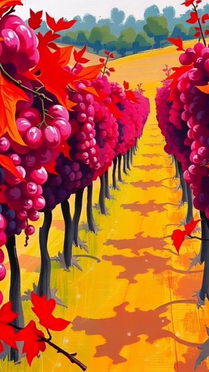 Scene: A close-up of 'The Red Vineyard', capturing the rich colors and brushstrokes of the painting. Style: Soft, ambient lighting enhancing the vibrant reds and greens in the artwork. Motion: The camera slowly zooms in on the texture of the paint, revealing intricate details as it glides over the canvas.