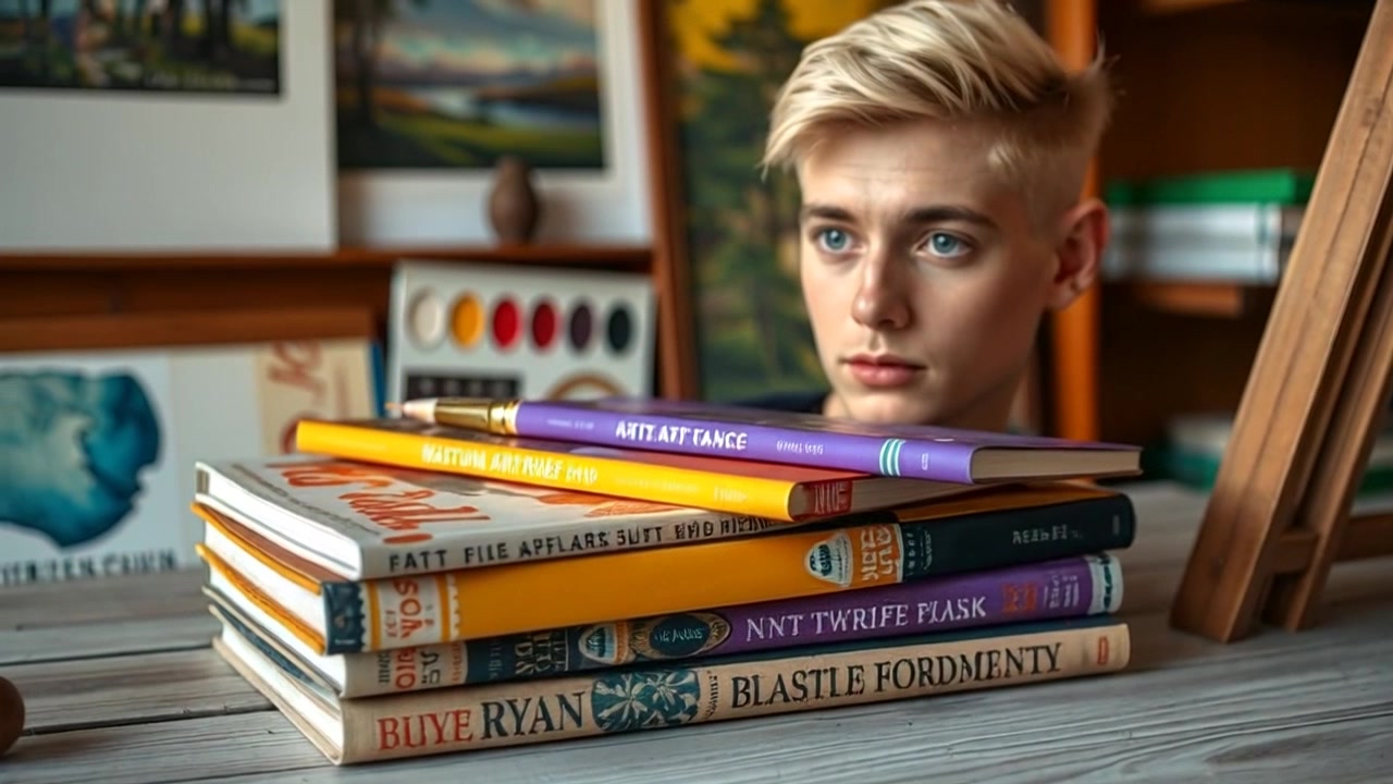 Scene: A stack of art books on a rustic wooden table, showcasing Ryan's life and art, surrounded by artistic tools and sketches. Style: Soft, natural light streaming in from a nearby window, creating a warm and inviting atmosphere. Motion: The camera gently pushes in towards the books, focusing on the texture of the pages and the cover design, while slowly rotating to capture the overall artistic environment.