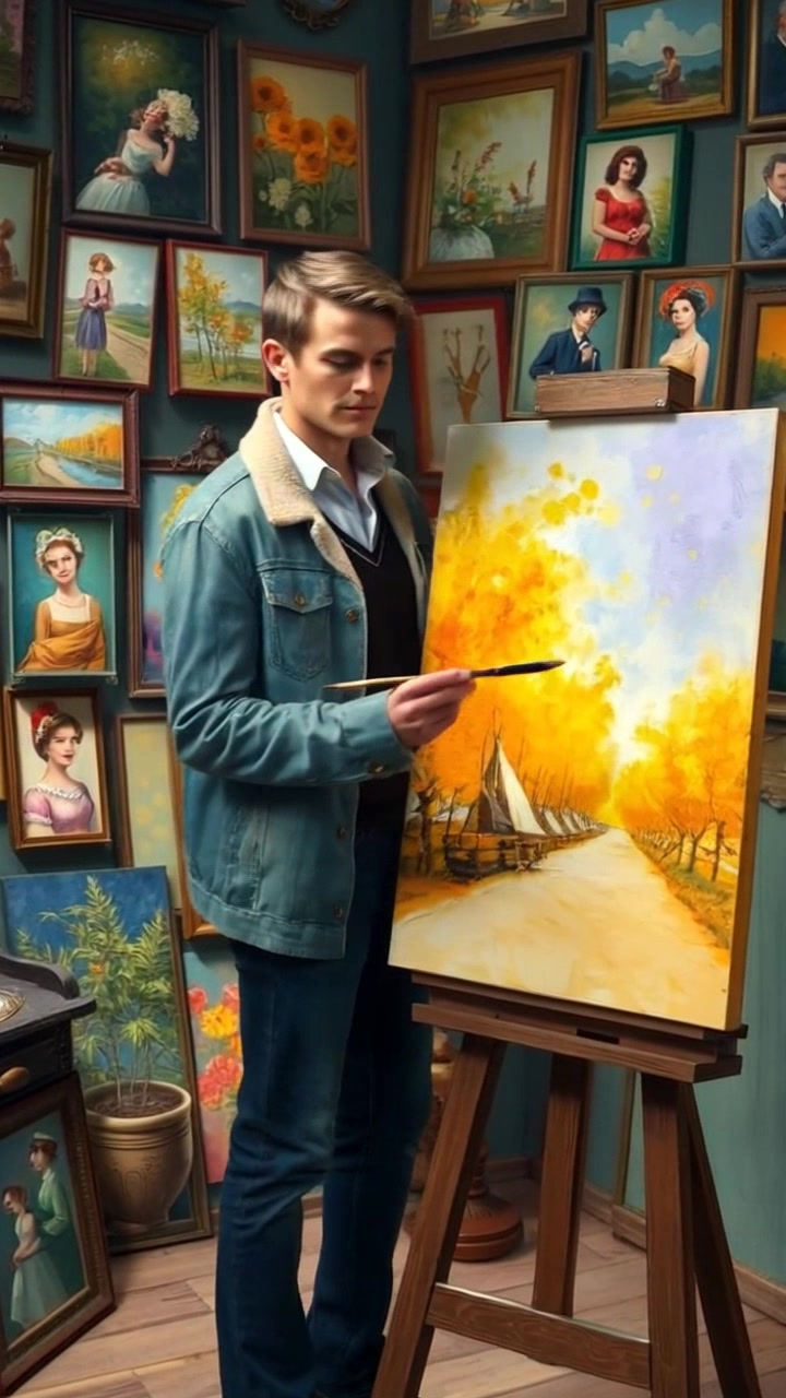 Subject: Ryan working intently beside an easel with a canvas. Subject movement: Ryan moves his brush gracefully across the canvas, blending colors as he steps back occasionally to assess his work. Scene: A vintage-style art studio filled with various paintings and artistic clutter, exuding creativity. Lighting: Soft, warm light filtering through a window, casting gentle shadows and highlights across the art pieces. Motion: The camera slowly pushes in on Ryan as he focuses on the canvas, capturing the little details of his technique and the vibrant colors of the studio.