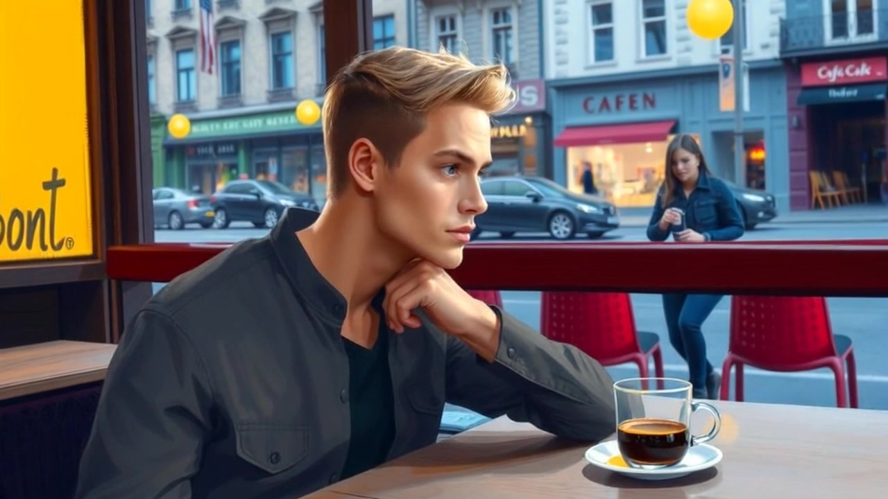 Subject: A person sitting pensively at a café table, gazing out the window. Scene: A cozy café setting with warm lighting, hints of other patrons in the blurred background, and a half-empty cup of coffee on the table. Motion: The camera slowly pushes in towards the subject, capturing the details of their expression and the steam rising from the coffee, creating an intimate atmosphere.