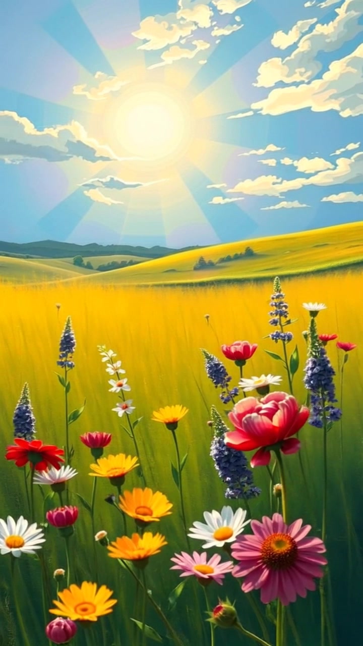 Scene: A serene sunlit field adorned with vibrant wildflowers swaying gently in the breeze, reminiscent of Van Gogh's art. Style: Bright, natural lighting accentuating the rich colors of the flowers and the lush green grass, creating an inviting atmosphere. Motion: The camera glides smoothly over the field, capturing the movement of the flowers in the wind and the play of sunlight across the landscape.