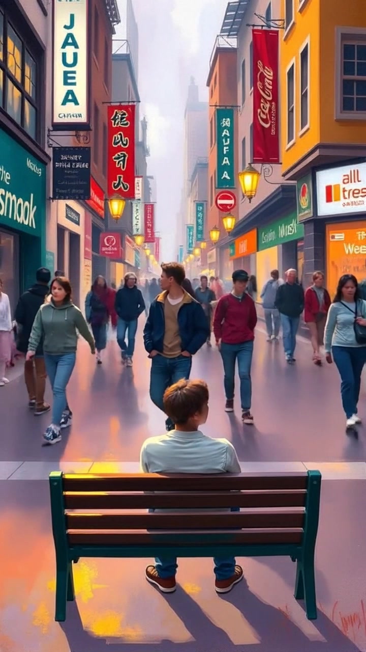 Subject: A person sitting alone on a bench, appearing contemplative amidst the bustling crowd. Subject movement: The person shifts slightly, glancing around as the energy of the street unfolds. Scene: A crowded street filled with pedestrians and storefronts, creating a lively urban atmosphere. Style: Soft morning light filtering through the buildings, casting gentle shadows on the pavement. Motion: The camera gently moves through the crowd, weaving between people before focusing on the solitary figure, highlighting the contrast between their stillness and the surrounding activity.