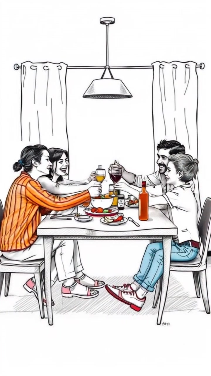 Scene: A warm and inviting dining room where a family is gathered around a large wooden table, sharing a dinner filled with laughter and delicious food. Style: Soft, cozy evening lighting creating a golden glow around the room, enhancing the warm atmosphere. Motion: Camera slowly pulls back, capturing the joyful interactions, as the table fills with animated conversations and the clinking of cutlery, revealing more of the loving environment.