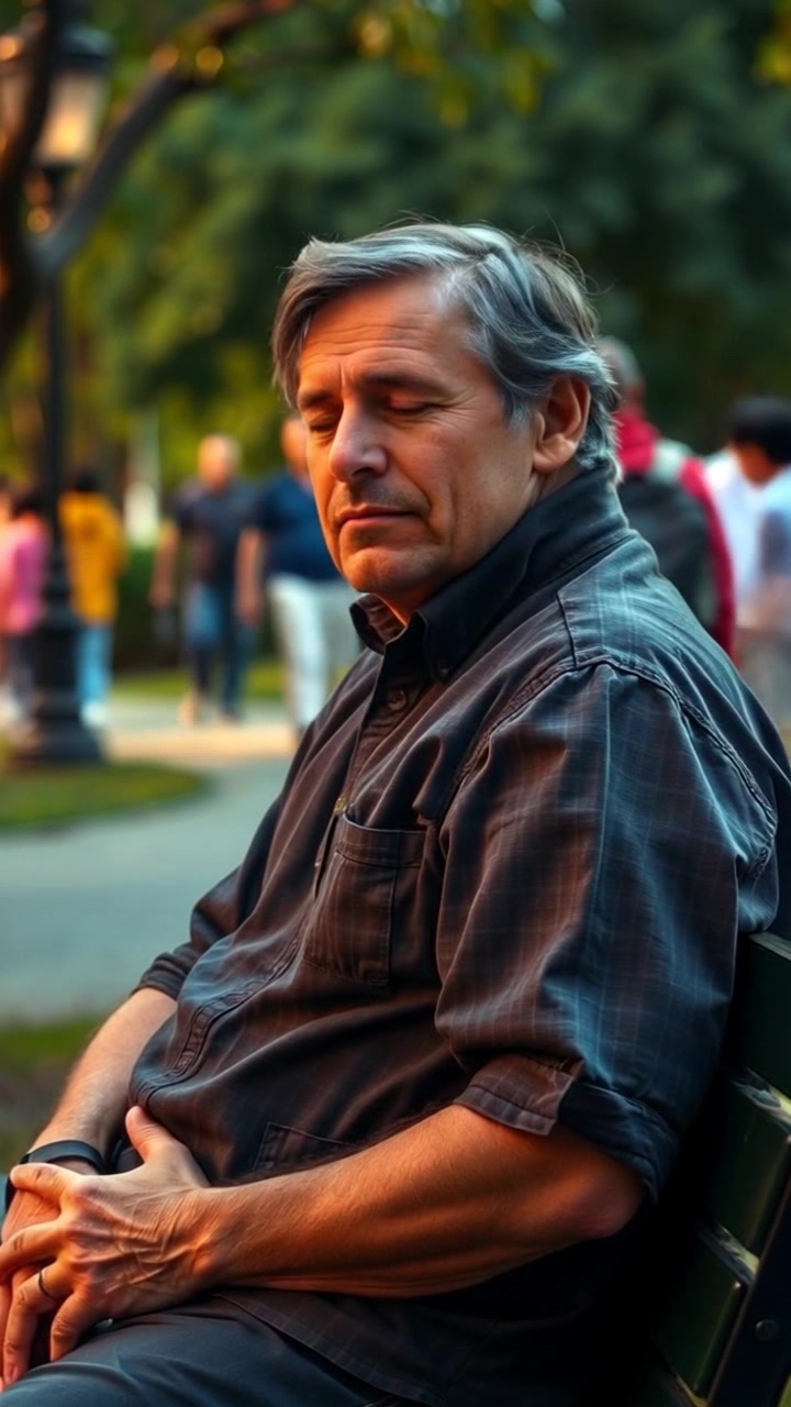 Subject: A man sitting on a park bench, gazing thoughtfully at the passing crowd. Subject movement: The man shifts slightly, adjusting his posture as he observes the activities around him. Scene: A lively park with people walking, jogging, and children playing in the background. Style: Soft afternoon light filtering through the trees, creating dappled shadows on the ground. Motion: The camera slowly zooms in on the man, emphasizing his contemplative expression while also capturing the vibrant activity around him.