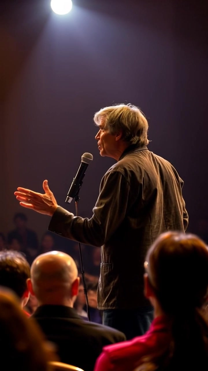 Subject: Mark standing on a stage, passionately addressing an engaged audience. Subject movement: Mark gestures emphatically, moving his hands to emphasize key points in his speech. Scene: A well-lit auditorium with rows of attentive listeners, the stage adorned with elegant decor. Style: Bright spotlight illuminating Mark against a warm, inviting backdrop. Motion: The camera slowly pushes in on Mark, capturing his animated expressions and the audience's enthusiastic reactions, creating an intimate connection.